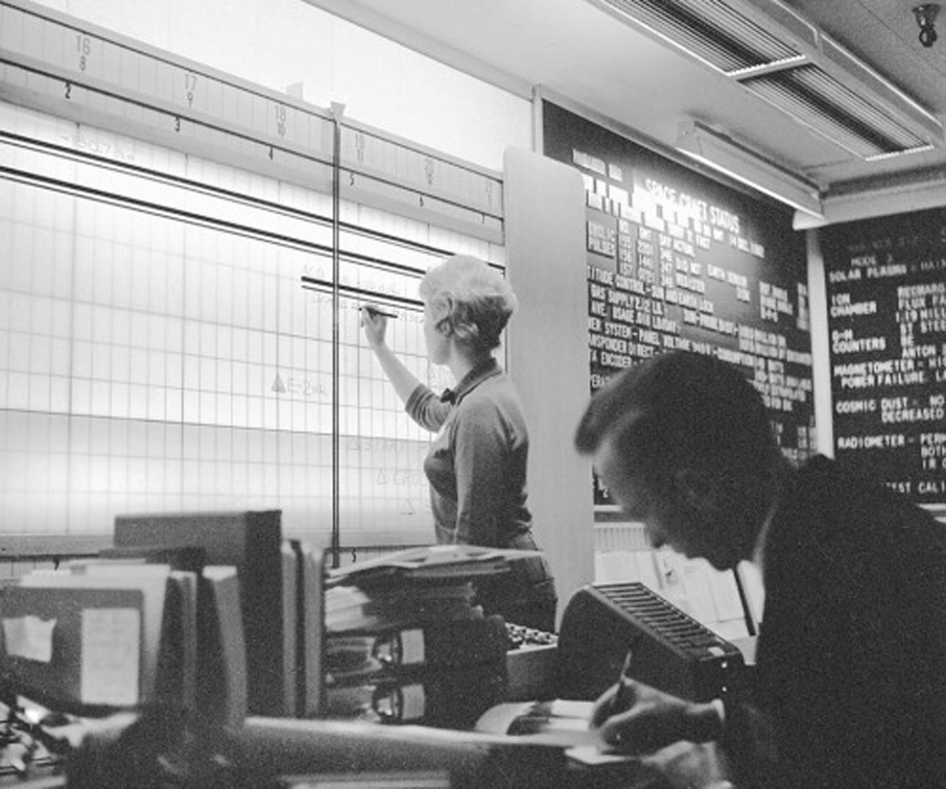 A JPL computer plots Mariner 2's track to Venus on the control-room chart, 1962