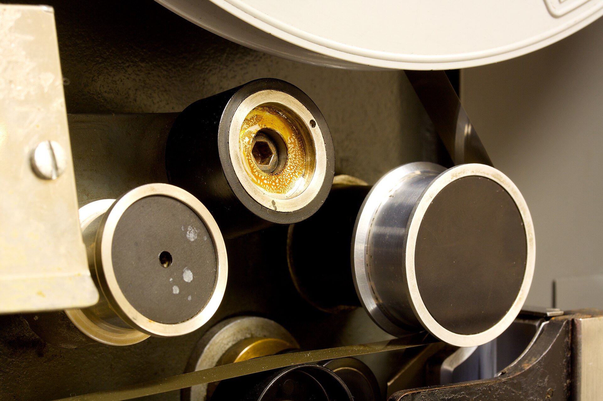 Close-up of the capstans and tape path of an IBM 729 magnetic tape drive