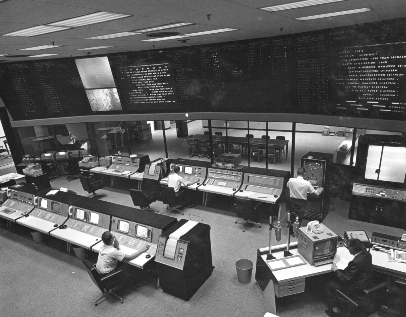 JPL's Space Flight Operations Facility in Pasadena: operators at consoles under a wall of status boards